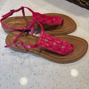 Nine West Pink and Brown T-Strap Sandals with Ankle Buckle